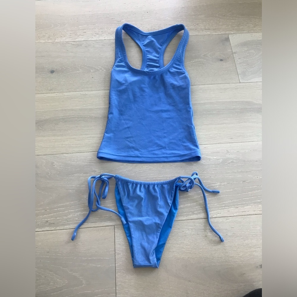 Blue Racerback Tankini Top and Tie-Side Bikini Bottom Set
